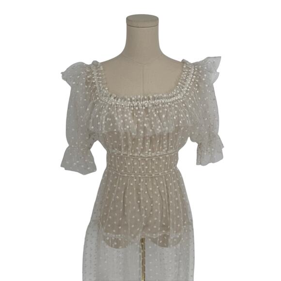 DOEN Bohemian Sheer White Swiss Dot Tulle Maxi Dress, Size M Unlined Summer - Picture 2 of 7